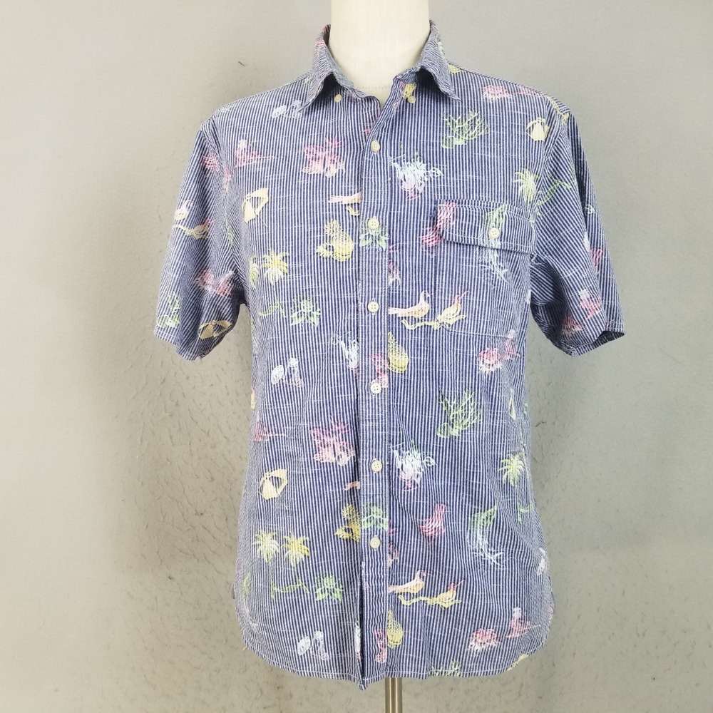 Tommy Bahama Button Down Men M Blue Pinstripe Tropical Nautical Cotton Tencel